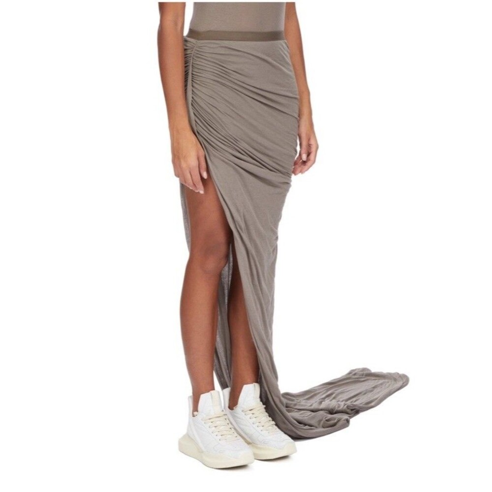 Rick Owens Taupe Ruched Maxi Skirt with High Slit